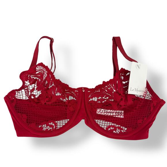 Le Mystere Sheer Lace Allure Demi Bra Size 32DDD Cherry Red Underwire - Picture 3 of 7